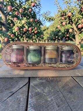 Gift Basket 4 Fruit Scented Candles Glass Mason Jars Apple/Pear/Cherry/Grape. Vi